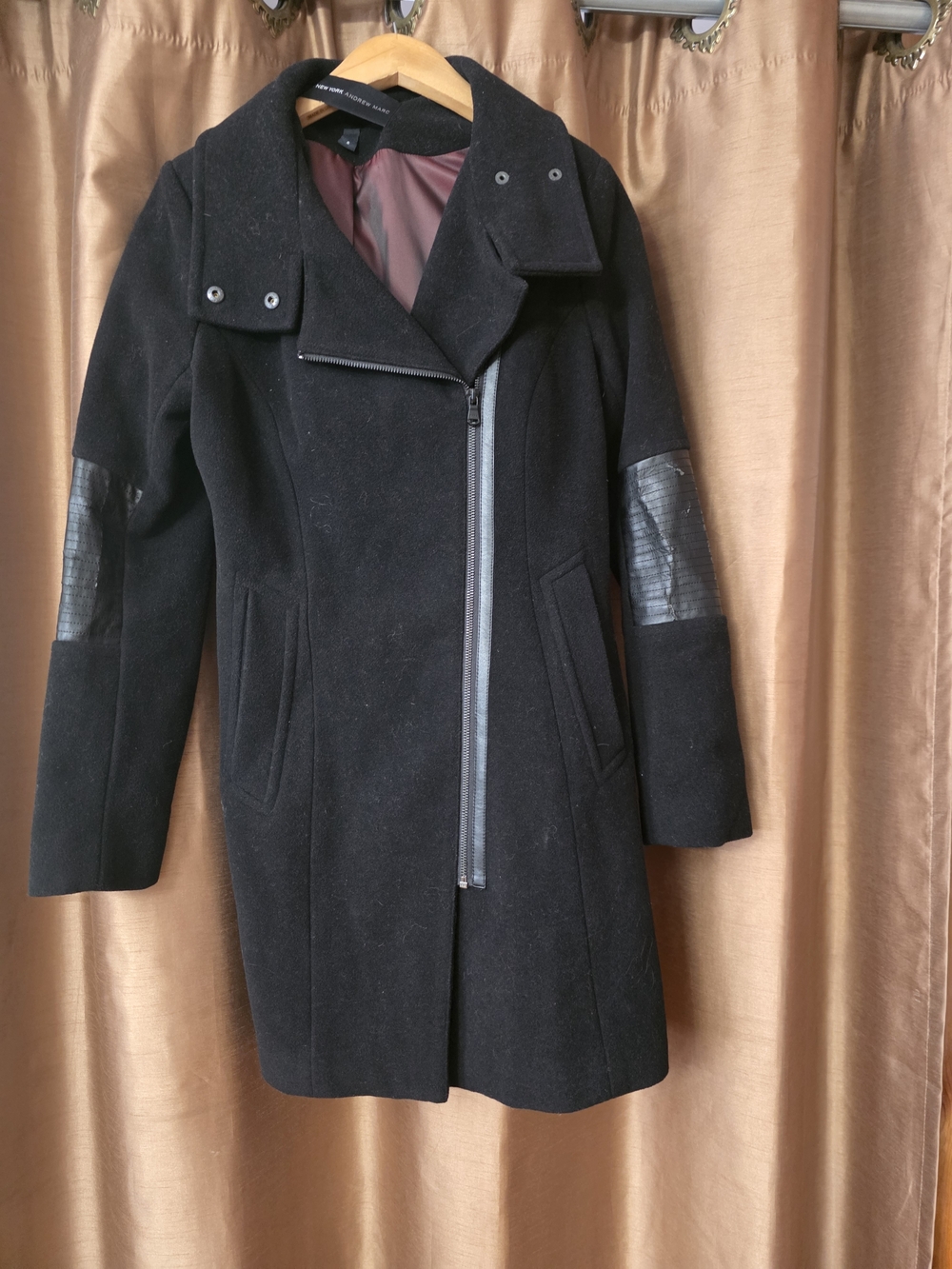 Marc New York Black Wool-Blend Asymmetrical Zip Pea Coat